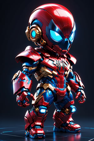 (masterpiece, best quality:1.5), EpicLogo, red and blue armor, robot, gold armor, red face, look on viewer, spiderman style, central view, cute, hues, Movie Still, cyberpunk, full body, cinematic scene, intricate mech details , ground level shot, 8K resolution, Cinema 4D, Behance HD, polished metal, shiny, data, white background
