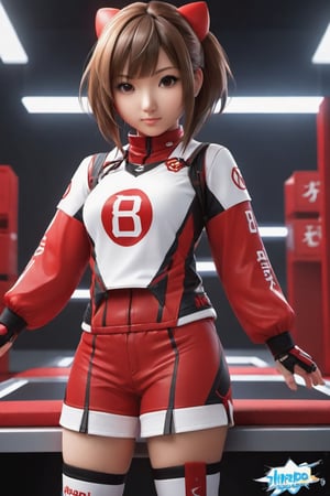 Hexatron, full_body portrait, mascot, chibi, 1girl, mixed hairs, red and white, electric effect, the letters "REDHA" marked in the mascot chest, High definition, Photo detailed, intricate, production cinematic character render, ultra high quality model, iori moe, japanese girl, sayaairie