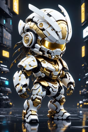 (masterpiece, best quality:1.5), EpicLogo, white armor, robot, gold armor, white face, look on viewer, scorpion style, central view, cute, hues, Movie Still, cyberpunk, full body, cinematic scene, intricate mech details , ground level shot, 8K resolution, Cinema 4D, Behance HD, polished metal, shiny, data, toystore background