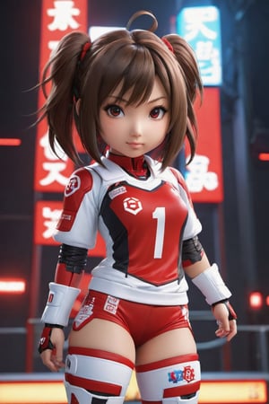Hexatron, full_body, mascot, chibi, 1girl, mixed hairs, red and white, electric effect, the letters "REDHA" marked in the mascot chest, High definition, Photo detailed, intricate, production cinematic character render, ultra high quality model, iori moe, japanese girl, sayaairie