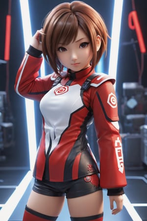 Hexatron, mascot, chibi, 1girl, mixed hairs, red and white, electric effect, the word "Redha" marked in the mascot chest, High definition, Photo detailed, intricate, production cinematic character render, ultra high quality model, full-body_portrait, , iori moe, japanese girl, sayaairie