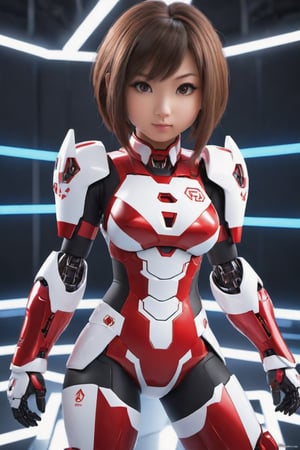 Hexatron, mascot, chibi, 1girl, mixed hairs, red and white, electric effect, the letters "REDHA" marked in the mascot chest, High definition, Photo detailed, intricate, production cinematic character render, ultra high quality model, full_body portrait, japanese girl, sayaairie,mecha