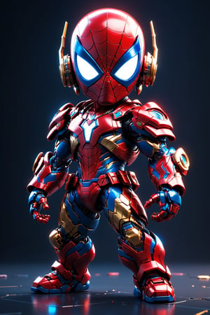 (masterpiece, best quality:1.5), EpicLogo, red and blue armor, robot, gold armor, red face, look on viewer, spiderman style, central view, cute, hues, Movie Still, cyberpunk, full body, cinematic scene, intricate mech details , ground level shot, 8K resolution, Cinema 4D, Behance HD, polished metal, shiny, data, toystore background