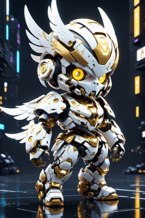 (masterpiece, best quality:1.5), EpicLogo, white armor, robot, gold armor, white face, look on viewer, harpy style, central view, cute, hues, Movie Still, cyberpunk, full body, cinematic scene, intricate mech details , ground level shot, 8K resolution, Cinema 4D, Behance HD, polished metal, shiny, data, toystore background