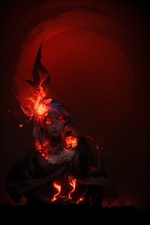 (Anime-style:1.3), (Dark and intense:1.2), A striking anime character, Indonesia, shrouded in shadows and poised for battle, stands against a deep crimson background adorned with menacing chains. Glowing red hollow fire particles dance around the scene, creating an otherworldly ambiance. The unique pastel look adds an ethereal touch to this dramatic and visually intense composition.