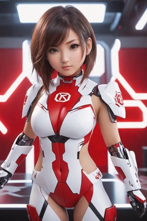 Hexatron, mascot, chibi, 1girl, mixed hairs, red and white, electric effect, the letters "REDHA" marked in the mascot chest, High definition, Photo detailed, intricate, production cinematic character render, ultra high quality model, full_body portrait, japanese girl, sayaairie,mecha