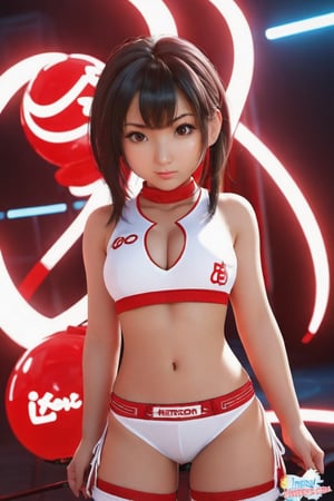 Hexatron, mascot, chibi, 1girl, mixed hairs, red and white, electric effect, the word "I <3 Redha" marked in the mascot chest, High definition, Photo detailed, intricate, production cinematic character render, ultra high quality model, full-body_portrait, , iori moe, japanese girl.,sayaairie