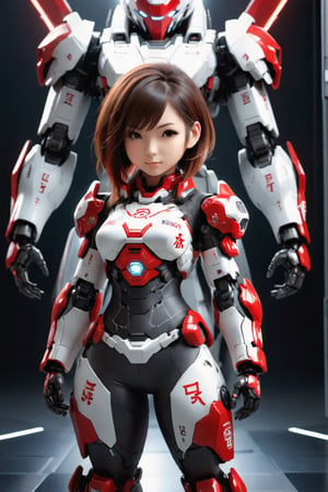 Hexatron, full_body portrait, mascot, chibi, 1girl, mixed hairs, red and white, electric effect, the letters "REDHA" marked in the mascot chest, High definition, Photo detailed, intricate, production cinematic character render, ultra high quality model, iori moe, japanese girl, sayaairie,mecha