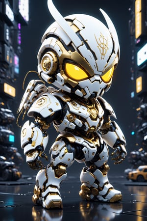 (masterpiece, best quality:1.5), EpicLogo, white armor, robot, gold armor, white face, look on viewer, spider style, central view, cute, hues, Movie Still, cyberpunk, full body, cinematic scene, intricate mech details , ground level shot, 8K resolution, Cinema 4D, Behance HD, polished metal, shiny, data, toystore background