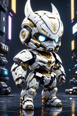 (masterpiece, best quality:1.5), EpicLogo, white armor, robot, gold armor, white face, look on viewer, bat style, central view, cute, hues, Movie Still, cyberpunk, full body, cinematic scene, intricate mech details , ground level shot, 8K resolution, Cinema 4D, Behance HD, polished metal, shiny, data, toystore background