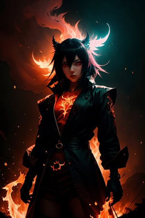 (Anime-style:1.3), (Dark and intense:1.2), A striking Anime character , fight scene 2 person, shrouded in shadows and poised for battle, stands against a deep crimson background adorned with menacing chains. Glowing red hollow fire particles dance around the scene, creating an otherworldly ambiance. The unique pastel look adds an ethereal touch to this dramatic and visually intense composition,EpicLogo