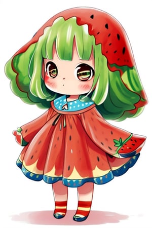 chibi,cutesexyrobutts (style), watermelon dress, white background,High detailed ,cartoon