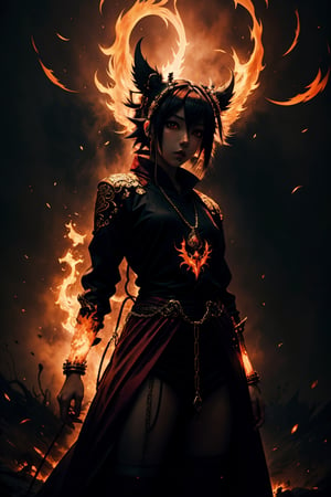 (Anime-style:1.3), (Dark and intense:1.2), A striking anime character, Indonesia, Majapahit, shrouded in shadows and poised for battle, stands against a deep crimson background adorned with menacing chains. Glowing red hollow fire particles dance around the scene, creating an otherworldly ambiance. The unique pastel look adds an ethereal touch to this dramatic and visually intense composition.