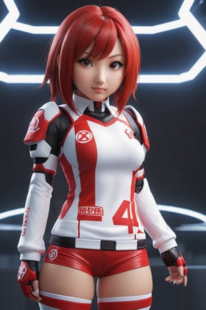 Hexatron, mascot, chibi, 1girl, mixed hairs, red and white, electric effect, the letters "Redha" marked in the mascot chest, High definition, Photo detailed, intricate, production cinematic character render, ultra high quality model, iori moe, japanese girl, sayaairie, full_body