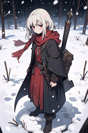 (best quality:1.5),  amazing, 32k wallpaper, intricate details, hyperrealistic, epic ,teenager HDR,EpicGhost, 1girl, solo, white hair,curly hair, hoody, scarf,looking at viewer, jewelry, whole body, blood, red_eyes, murder, greatsword, snowfield, cloak, emotionless, cold, Medieval, black-clothes,cartoon,whole body, heavy-sword on back, snow,killer, falling_snow, fighting,battle,from above, fire, cinder fall, epee on the back