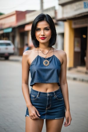 A young Thai woman, 26 years old, stands confidently in a cowboy shot, her black hair styled short and sleek. Her brown eyes lock onto the viewer's gaze, a subtle smile playing on her lips. (((She is naked:1.4))) and  showcases her navel and almost flat-chest. Hoop earrings adorn her ears, and a simple necklace glimmers around her neck. The town square's vibrant atmosphere serves as the backdrop, with a realistic depiction capturing every detail, from the texture of her skin to the subtle curves of her collarbone.