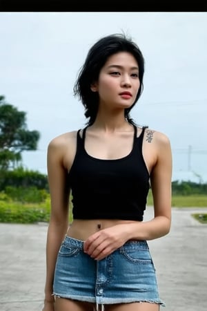 A young Thai woman, 26 years old, standing in a square. She has a slender and toned physique with a fair complexion. Small hips, small ass. (((She is flat-chested:1.4))), Her black hair is cut in a short, straight style that falls just above her shoulders, framing her face. Her facial features are delicate, with high cheekbones, a straight nose, and expressive dark eyes that have a slightly intense, contemplative gaze. She is wearing a black tank top, a short denim skirt underneath. On her right hip, there is a small tattoo of a rose. Her left hand is gently tugging at the waistband of her skirt, and she has a relaxed yet confident posture. The background of the image is a Thai square, with coffeeshop and with distant trees and a cloudy sky, giving the scene a serene and natural atmosphere. 8k uhd, dslr, high quality, film grain, Fujifilm XT3 and Nikon D5, 50mm. (looking away from viewer), (((photorealism:1.4))), Beauty,Woman,Elegant,ThaiChrissie