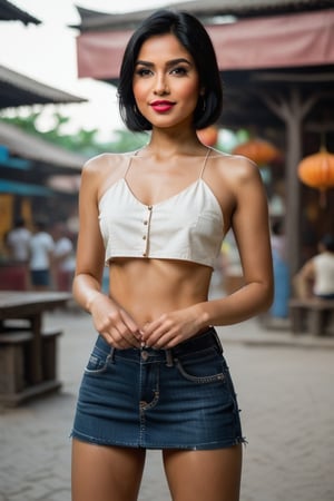 A young Thai woman, 26 years old, stands confidently in a cowboy shot, her black hair styled short and sleek. Her brown eyes lock onto the viewer's gaze, a subtle smile playing on her lips. She is naked and  showcases her navel and almost flat-chest. Hoop earrings adorn her ears, and a simple necklace glimmers around her neck. The town square's vibrant atmosphere serves as the backdrop, with a realistic depiction capturing every detail, from the texture of her skin to the subtle curves of her collarbone.