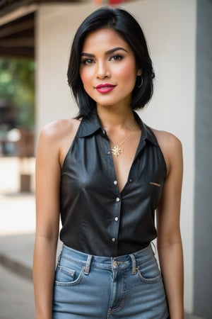 A young Thai woman, 26 years old, stands confidently in a cowboy shot, her black hair styled short and sleek. Her brown eyes lock onto the viewer's gaze, a subtle smile playing on her lips. (((She is naked:1.4))) and  showcases her navel and almost flat-chest. Hoop earrings adorn her ears, and a simple necklace glimmers around her neck. The town square's vibrant atmosphere serves as the backdrop, with a realistic depiction capturing every detail, from the texture of her skin to the subtle curves of her collarbone.