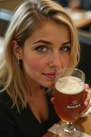 Blonde, in Amsterdam, drinking a Heineken beer in a "HEINEKEN" glass