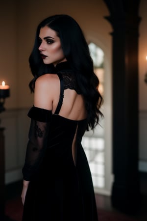 In a dimly lit, ancient room filled with gothic decor, a stunning woman stands poised, her porcelain skin aglow under the soft candlelight. Her dark hair cascades down her back like a waterfall of night, framing her heart-shaped face and intense, expressive eyes ((Detailed dark brown eyes)). The camera captures every detail of her elegant, elaborate gothic dress, made of luxurious black velvet and lace, with intricate bodice detailing, high collar, and flowing sleeves ending in delicate lace cuffs. Her lips are painted a rich, dark red, accentuating her mysterious allure. She wears a black velvet choker with a silver pendant and ornate rings on her fingers. The atmosphere is both enchanting and eerie, perfectly capturing the essence of gothic beauty.