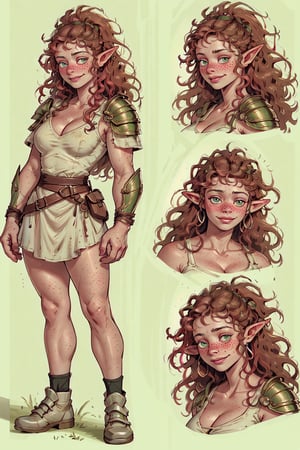 woman(nice cleavage, tall, mature, freckles, beautiful, green eyes, long red afro hair, leather armor, elf), multiple women,character sheet, character design, reference sheet, multiple views, turnaround, full body, from front, from side, from behind, diffrerent face expression(smile, think, smug), (masterpiece, highres, high quality:1.2), outstanding colors, low saturation, High detailed, Detailedface, Dreamscape,Afro hair girl