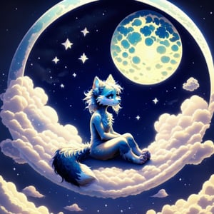 , scruffy_fluff, logo, sitting moon, FurryCore, cloud border background, fluffy tail, 1girl