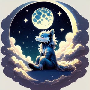 , scruffy_fluff logo, sitting moon, FurryCore, cloud_border_background