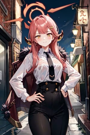 1girl, solo, looking at viewer,
 hand on hip,
aru,arudef,
 , ringed eyes,  yellow eyes, 
red hair,long hair,
large breasts,
 thick thighs,
 evil smile,

white shirt, shirt, shirt tucked in,
 long sleeves, collared shirt,thin translucent shirt,
 necktie, black necktie,black_bra,
 pants, black pants, high-waist pants,

 simple background,
 small alley at night,
all body wet,