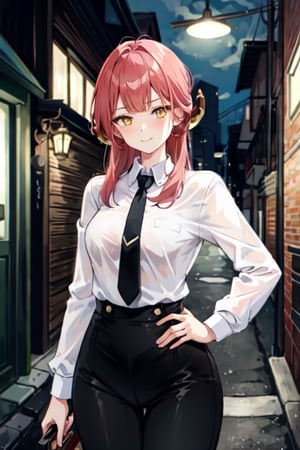 1girl, solo, looking at viewer,
 hand on hip,
aru,arudef,
 , ringed eyes,  yellow eyes, 
red hair,long hair,
large breasts,
 thick thighs,
 evil smile,

white shirt, shirt, shirt tucked in,
 long sleeves, collared shirt,thin translucent shirt,
 necktie, black necktie,black_bra,
 pants, black pants, high-waist pants,

 simple background,
 small alley at night,
all body wet,