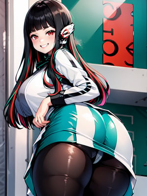 (extremely detailed CG), (best quality), 1girl, perfect face,shiny skin,Thick_thighs,thong_panties,
narrow waist, (wide_hips:1.2) , (AzuArk:0.8) AzuArk, 
mesugaki,grin,
,big_breasts
,(big_ass:1.2), 

humagear_headphones,
black nails,
white jacket,
skirt,
long sleeves,
green skirt,
pantyhose,

red hair,
red eyes, 
blunt bangs,
multicolored hair,
long hair,
bangs,
black hair,

