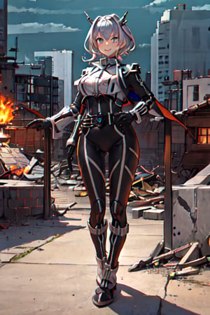 (extremely detailed CG), (best quality),  perfect face, shiny skin, lustrous skin,
 (Delta:0.8) ,gloves,rider belt, black bodysuit,bodysuit, belt,armor, full body,
(extremely detailed CG), (best quality),  perfect face, shiny skin, lustrous skin,masterpiece,  1girl,, solo,
 talulah, 
blush,evil smile
horns, grey_hair, hair_intakes, bangs, 
, hair_between_eyes, short_hair
, grey_eyes
,large breasts

wide hips, narrow waist,
standing in a destroyed city, hand on hip, haughty expressions flamme, night sky,Dalta