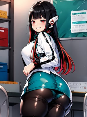 (extremely detailed CG), (best quality), 1girl, perfect face,shiny skin,Thick_thighs,thong_panties,
narrow waist, wide hips , (AzuArk:0.8) AzuArk, 
mesugaki,grin,
,big_breasts
,(big_ass:1.2), ass focus, looking back,

humagear_headphones,
black nails,
white jacket,
skirt,
long sleeves,
green skirt,
pantyhose,

red hair,
red eyes, 
blunt bangs,
multicolored hair,
long hair,
bangs,
black hair,

