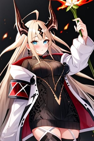 best quality
, masterpiece
, highres
, (reed_arknights:1.15)
, 1girl
, horns
, long_hair
, dragon_horns
, ahoge
, bangs
, blonde_hair
, blue_eyes, medium_breasts
,flame_on_breasts
, tail
, white_hair
, green_eyes
, white_flower
, OriginalOutfit
, Sweater
, white_jacket, thighhighs, thigh boots
, blush
, dress