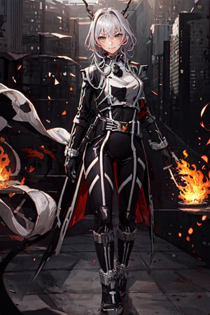 (extremely detailed CG), (best quality),  perfect face, shiny skin, lustrous skin,
 (Delta:0.8) ,gloves,rider belt, black bodysuit,bodysuit, belt,armor, full body,
(extremely detailed CG), (best quality),  perfect face, shiny skin, lustrous skin,masterpiece,  1girl,, solo,
 talulah, 
blush,evil smile
horns, grey_hair, hair_intakes, bangs, 
, hair_between_eyes, short_hair
, grey_eyes
,large breasts

wide hips, narrow waist,
standing in a destroyed city, hand on hip, haughty expressions flamme, night sky,Dalta