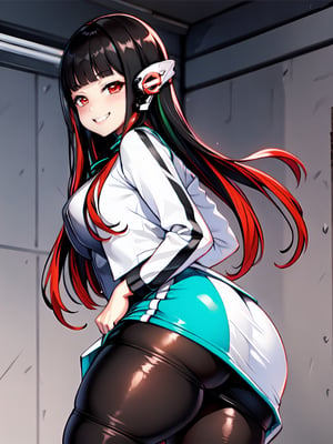 (extremely detailed CG), (best quality), 1girl, perfect face,shiny skin,Thick_thighs,
narrow waist, wide hips , (AzuArk:0.8) AzuArk, 
mesugaki,grin,
,big_breasts
,(big_ass:1.2), ass focus, looking back,

humagear_headphones,
black nails,
white jacket,
skirt,
long sleeves,
green skirt,
pantyhose,

red hair,
red eyes, 
blunt bangs,
multicolored hair,
long hair,
bangs,
black hair,

