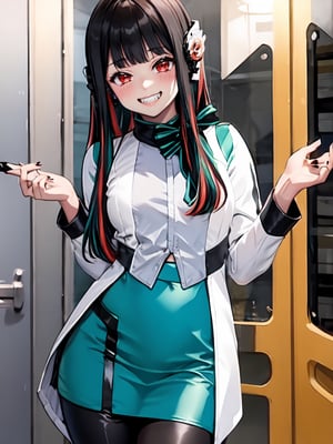 (extremely detailed CG), (best quality), 1girl, perfect face,shiny skin,
narrow waist, wide hips , (AzuArk:0.8) AzuArk, 
mesugaki,grin,
footwear,
humagear_headphones,
black nails,
white jacket,
skirt,
long sleeves,
green skirt,
pantyhose,

red hair,
red eyes, 
blunt bangs,
multicolored hair,
long hair,
bangs,
black hair,

