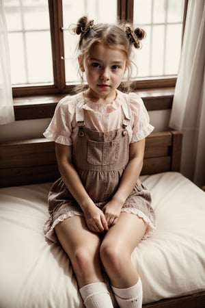 1girl, solo, looking at viewer, brown hair, sitting, frills, socks, indoors, hair bun, apron, window, double bun, bed, on bed, curtains, realistic