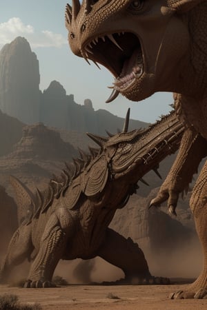 Photo of a group of soldiers in the desert, fiercely battling giant alien creatures. The scene is captured in a striking photograph, blending intricate details and sweeping epic visuals. The drama is palpable with detailed textures, dynamic poses, and a rich, otherworldly atmosphere that blends sci-fi and ancient war elements seamlessly. Selective focus.