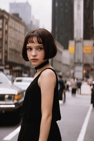 A stunning portrait of young Matilda, played by Natalie Portman at 11 years old. The hyperrealistic rendering captures every detail of her beautiful face and lithe physique in exquisite HDR. Framed against a vibrant New York City background, Matilda's radiant expression shines like a beacon. Her long legs and toned arms are showcased in full-body view, evoking a sense of youthful vitality.
