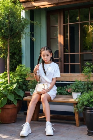 A tween with hot body sits cross-legged on a wooden bench, wearing a white shirt and braids. On the bench next to her was a handbag. The background is outdoors with some potted plants around it