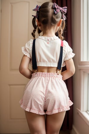 1girl, solo, skirt, brown hair, shirt, bow, twintails, underwear, standing, panties, white shirt, short sleeves, hair bow, thighs, hairband, socks, indoors, white panties, plaid, blurry background, feet out of frame, suspenders, polka dot, kneepits, facing away, polka dot panties