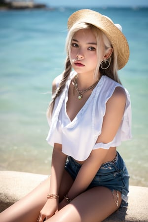 11yo little Asian tween girl,white blonde hair, wearing slutty summer casual wear, sneakers, hot body, sitting at sea bank, horizon, seaside, accessories (necklace, ear_rings), Best Quality, 32k, photorealistic, ultra-detailed, finely detailed, high resolution, perfect dynamic composition, beautiful detailed eyes, sharp-focus, cowboy_shot, Beautiful face, 8K, HDR, masterpiece, hyper-realistic, a little lolicon tween girl with a hot body, sensual, seductive, petite,cute, lolicon.Erotic images by David Dubnitskiy