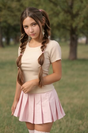 1girl, solo, long hair, looking at viewer, skirt, brown hair, shirt, thighhighs, twintails, brown eyes, standing, white shirt, braid, short sleeves, pleated skirt, outdoors, day, blurry, twin braids, tree, plaid, cosplay, plaid skirt, grass, pink skirt, realistic, pink thighhighs, photo background