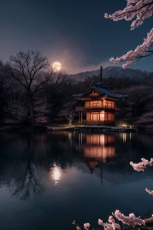 Under the serene glow of a full moon, fisherman in a bot in the lake, a tranquil lake reflects the celestial light, its surface shimmering softly. A majestic cherry blossom tree stands by the water's edge, its delicate pink petals contrasting against the dark night. Mist rises from the lake, creating an ethereal veil that drifts through the scene. Nearby, a traditional Japanese house is partially obscured by the mist and smoke, which rises ominously from small fires that flicker around the area. The combination of the cherry blossom's beauty, the lake's calmness, and the unsettling presence of fire and smoke creates a hauntingly dark yet scary atmosphere, blending serenity with an underlying sense of foreboding. night. moonlit night.romantic impressionism, dream scenery art, beautiful oil matte painting, romantic, style of thomas kinkade, beautiful digital painting, anime landscape, romantic painting, thomas kinkade style painting, dreamlike digital painting, colorful painting, beautiful gorgeous digital art, style thomas kinkade