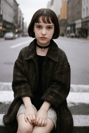 A stunning portrait of young Matilda, played by Natalie Portman at 11 years old. The hyperrealistic rendering captures every detail of her beautiful face and lithe physique in exquisite HDR. Framed against a vibrant New York City background, Matilda's radiant expression shines like a beacon. Her long legs and toned arms are showcased in full-body view, evoking a sense of youthful vitality.