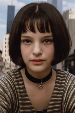 Natalie Portman as an 11-year-old Matilda, posing confidently in a full-body shot against a vibrant New York City background. Her porcelain doll-like face glows with a subtle HDR sheen, showcasing her striking features. The hyperrealistic portrait captures every detail of her youthful physique, from the toned arms to the athletic legs. In this masterpiece, Matilda exudes a sense of empowerment and sass, as if ready to take on the Big Apple.