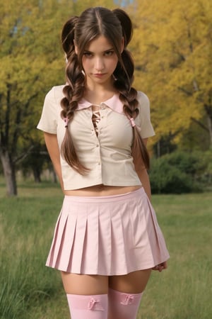 1girl, solo, long hair, looking at viewer, skirt, brown hair, shirt, thighhighs, twintails, brown eyes, standing, white shirt, braid, short sleeves, pleated skirt, outdoors, day, blurry, twin braids, tree, plaid, cosplay, plaid skirt, grass, pink skirt, realistic, pink thighhighs, photo background