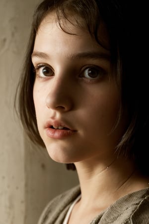 A close-up shot of Matilda, played by Natalie Portman, with a determined look on her face. She's 12 years old, but her eyes convey a maturity and intensity that belies her age. The lighting is dim, with a hint of neon from the city outside, casting an eerie glow over the scene. In the background, the urban landscape serves as a reminder of the harsh realities she's faced.

Matilda stands in front of a graffiti-covered wall, her hands clenched into fists at her sides. Her eyes are fixed intently on something - possibly a target, or maybe just the memory of her family. The camera lingers on her face, capturing the depth of emotion and motivation driving her actions.

In the foreground, a faint outline of Léon, played by Jean Reno, can be seen in the shadows, watching over Matilda with an air of quiet protection. The composition is stark and minimalist, emphasizing the themes of isolation, revenge, and growing up.
