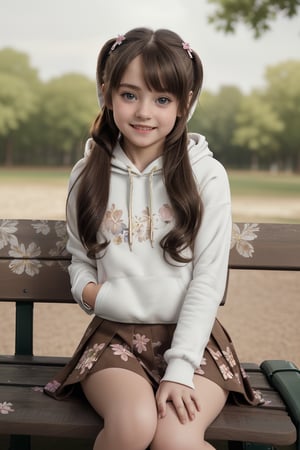 ((6year old girl:1.5)),1girl,whole body, beautiful shining body, bangs,((brown　hair:1.3)),high eyes,(aquamarine eyes),tall eyes, beautiful girl with fine details, Beautiful and delicate eyes, detailed face, Beautiful eyes,natural light,((realism: 1.2 )), dynamic far view shot,cinematic lighting, perfect composition, by sumic.mic, ultra detailed, official art, masterpiece, (best quality:1.3), reflections, extremely detailed cg unity 8k wallpaper, detailed background, masterpiece, best quality , (masterpiece), (best quality:1.4), (ultra highres:1.2), (hyperrealistic:1.4), (photorealistic:1.2), best quality, high quality, highres, detail enhancement, ((twin tails hair)),((bright lighting:1.3)),((tareme,animated eyes, big eyes,droopy eyes:1.2)),((smile expression:1.4)),((hoodie,skirt:1.4)),perfect,hand,More Detail,((Floral background: 1.4)),Realism,((on park bench:1.4)),((random angle: 1.4)),